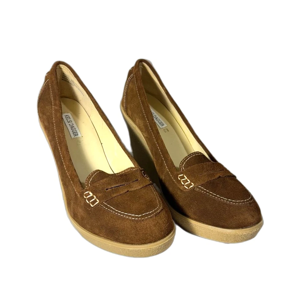 "Mocasín Kelsi Dagger 4"" tacón de cuña marrón gamuza centavo talla 10 nuevo sin etiquetas" Foto 2 de 4