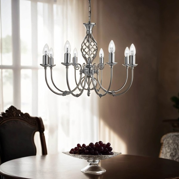 Rustikale Pendelleuchte In Silber 8FL Wohnzimmer Flur Lampe Kronleuchter Innen-image