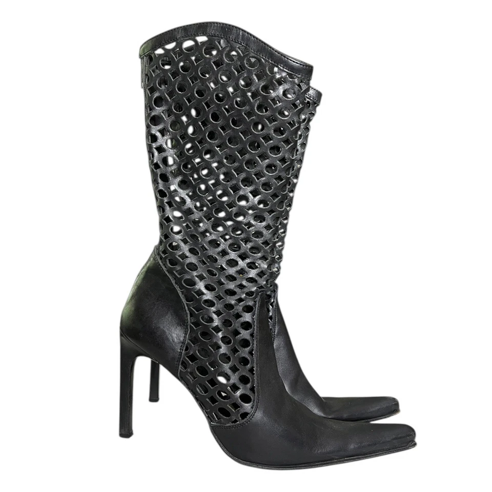 Botas Luzzi Cuero Media Pantorrilla Punta Punta Negras IT 37 US 5.5 Western Y2K Italia Foto 2 de 4