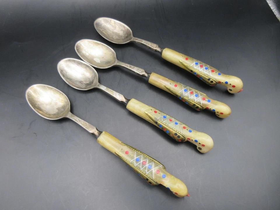 Vtg 1950s Set of 4 Alfred Haddad Jezzine Bird Phoenix Spoons Horn Inlay Rare - Image 3 of 4