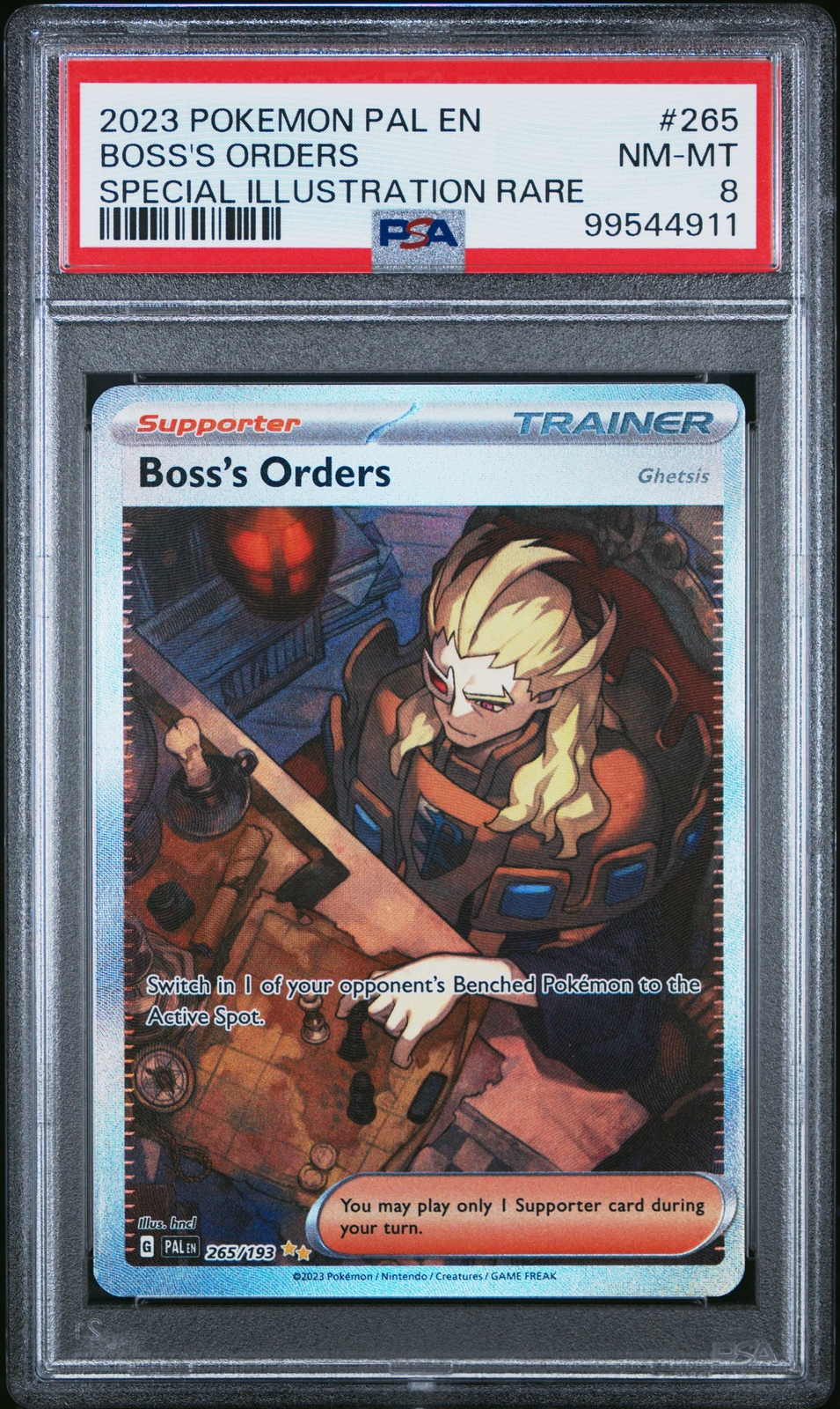 PSA 8 Boss's Orders Special Illustration Rare #265 2023 Paldea Evolved 99544911