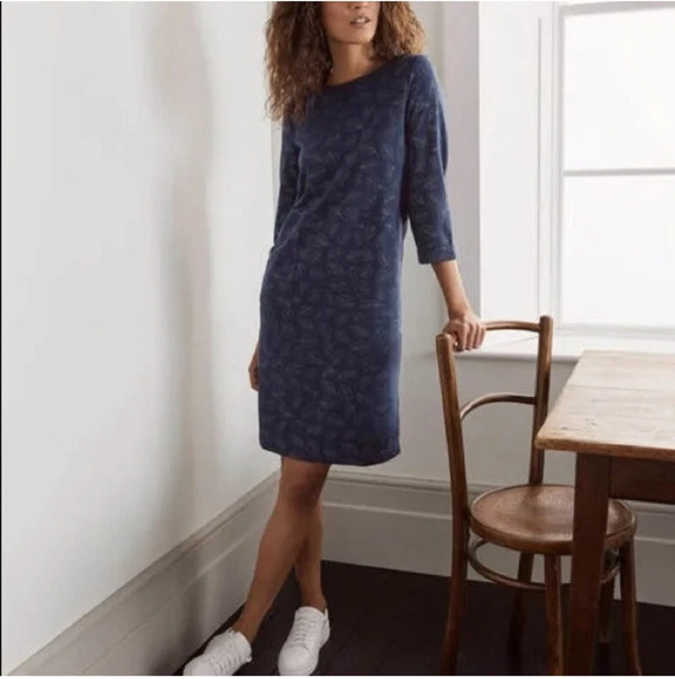 Boden Hannah Silver Leaf Print 3 4 Sleeve Sweatshirt Dress in Navy