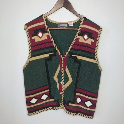 Vintage Roughrider Southwestern Aztec Sweater Vest Button Down Size Medium