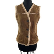 Werner Christ Leather Brown Beige Winter Vest V-neck Shearling Button Front 38