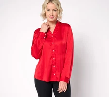 Denim & Co. Satin Long-Sleeve Button-Front Top Fall Red L New