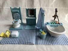 Vintage Calico Critters Blue Bathroom Set - 1999 Epoch Japan RARE