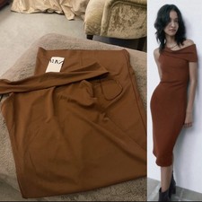 BNWT Zara Asymmetric MIDI off Shoulder Fitted Dress Rust Bodycon 