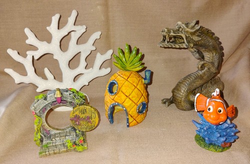 Lot of Five Decorations for Aquarium Fish Tank Nemo Spongebob Hobbit Dragon Cora