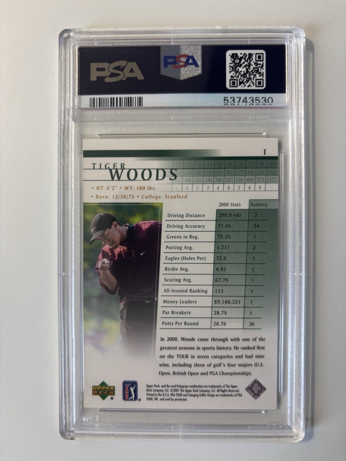 2001 Upper Deck Golf Tiger Woods Rookie #1 PSA 9 view 2