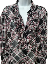 Lane Bryant Size 22/24 Black Plaid Ruffle Front Babydoll Blouse Top Sheer Preppy