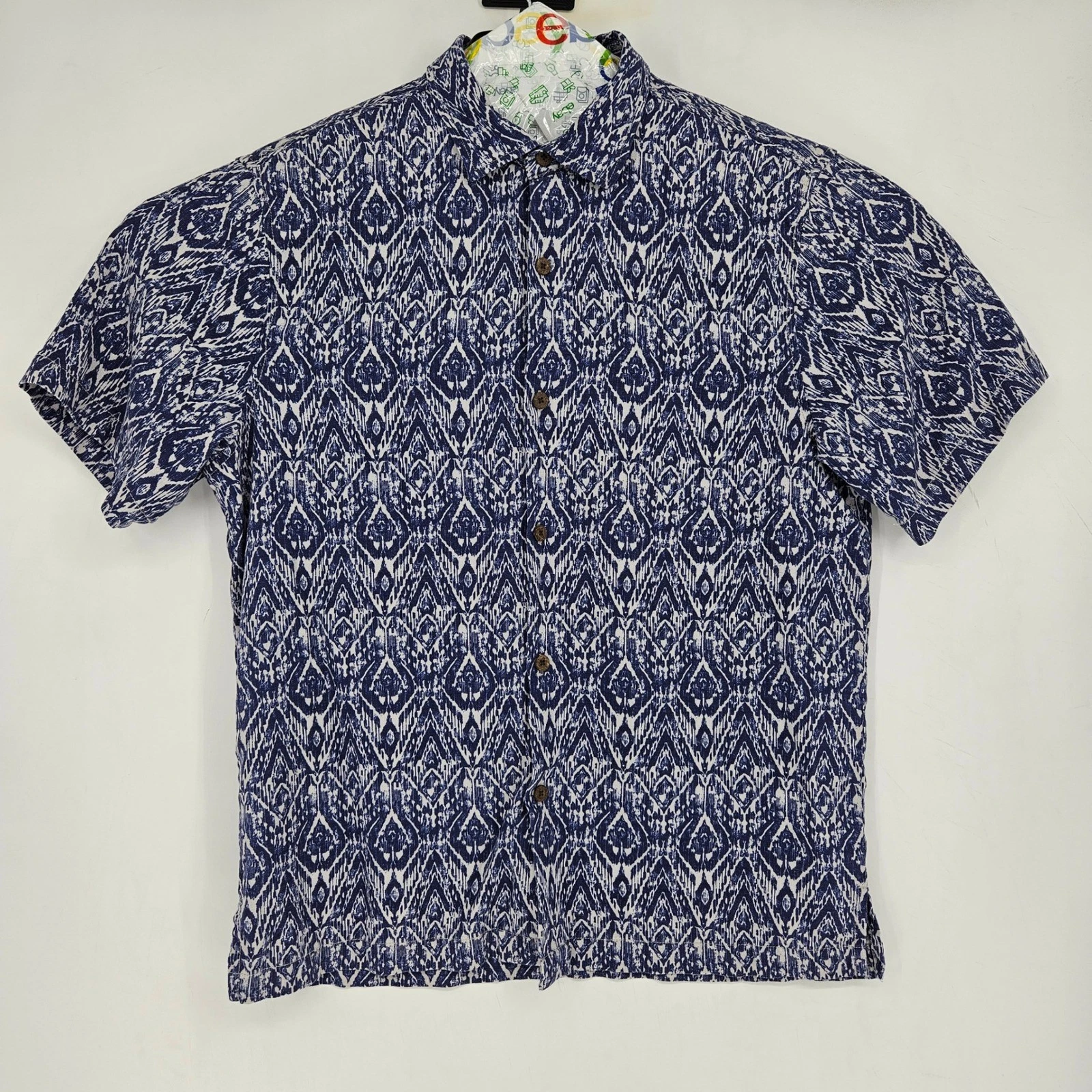 Tommy Bahama Shirt Mens Large Silk Blue Geometric Button Up Short Sleeve