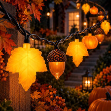 8.5FT Thanksgiving LED String Lights Plug-In 10 Pumpkin Leaves Acorn Decor