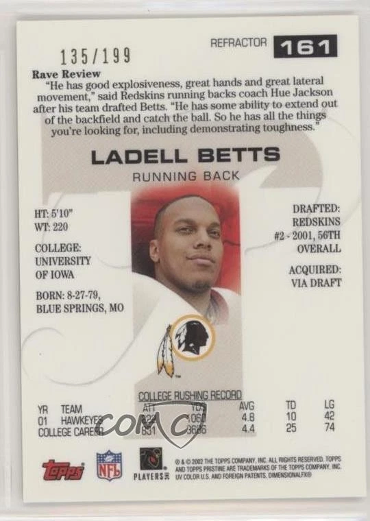 2002 Topps Pristine Refractor /199 Ladell Betts #161 Rookie RC - Image 2 of 2
