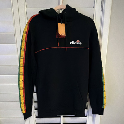 Ellesse Mens Hoodie Sz Small Black Cotton Long Sleeve Kangaroo Pockets Pullover