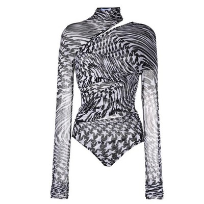 Mugler $895 Star-Print Shoulder Cut-out LS Mesh Bodysuit NWT Size US 8