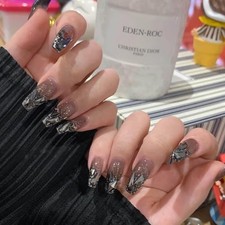 Hkanlre Coffin Press on Nails Black Long Fake Crystal Nails Tips Full Cover