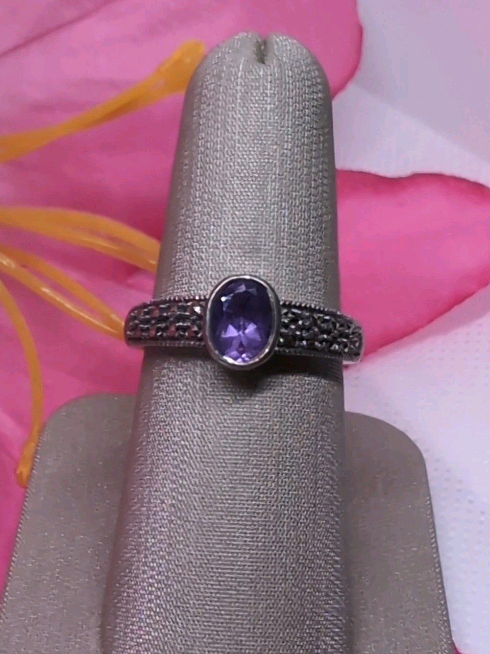 Vintage Judith Jack Amethyst Marcasite Sterling Silver Ring Size 8