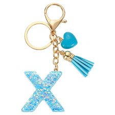 Initial Letter Keychains, Resin Cute Pendant with Heart Tassel, Blue-X