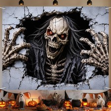 Halloween Creepy Skeleton Banner 71 x 43 Inch Broken Wall Skull Backdrop with Re
