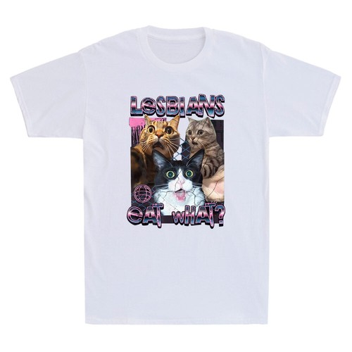 Lesbians Eat What? Funny Cats Graphic Gay Pride LGBTQ Pun Bootleg Saying T-Shirt - Picture 3 of 8