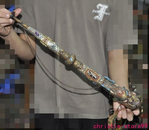 20" Antiguo Tíbet Bronce Incrustación Gema Fengshui Cabeza de Dragón Ritual Kangling Trompeta Cuerno - Imagen 8 de 13