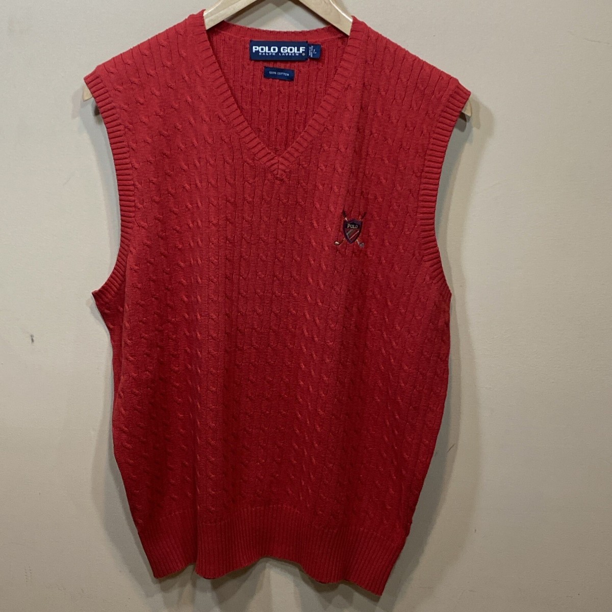 VTG Polo Gold Ralph Lauren Red V-Neck Cable Knit Sweater Vest Mens 
