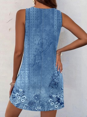 Women's Summer Dress 2025 - Floral Sleeveless T-Shirt Dress, Loose Fit, U-Neck, With Pockets - View #11