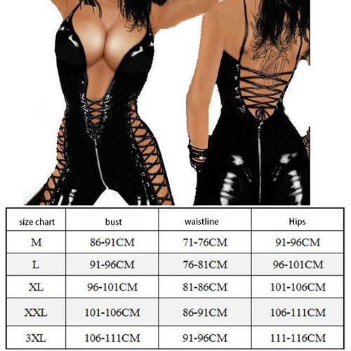 Sexy Damen-Catsuit Wetlook Lackleder Schnürung tiefer V-Ausschnitt Clubwear - Bild 6 von 19