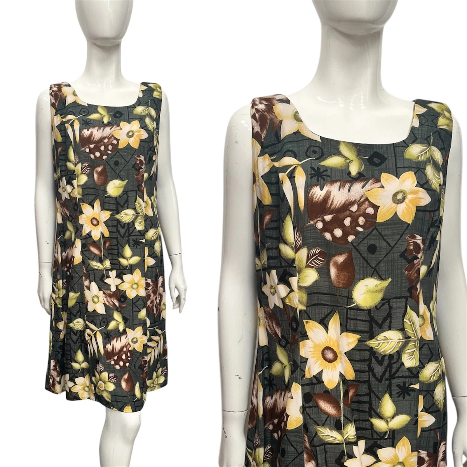 Vintage 80's 90's Betty Barclay Kleid 12 14 Boho Tiki Retro True Khaki Blumen