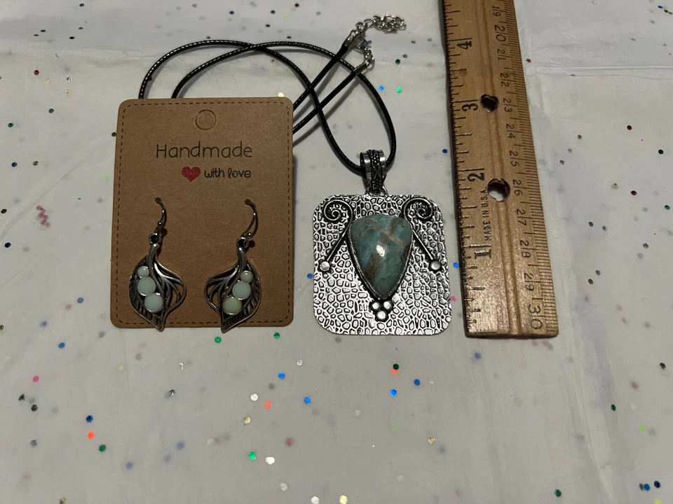 Larimar 925 镀银宝石手工吊坠 + 搪瓷耳环 — 第 4/4 张图片