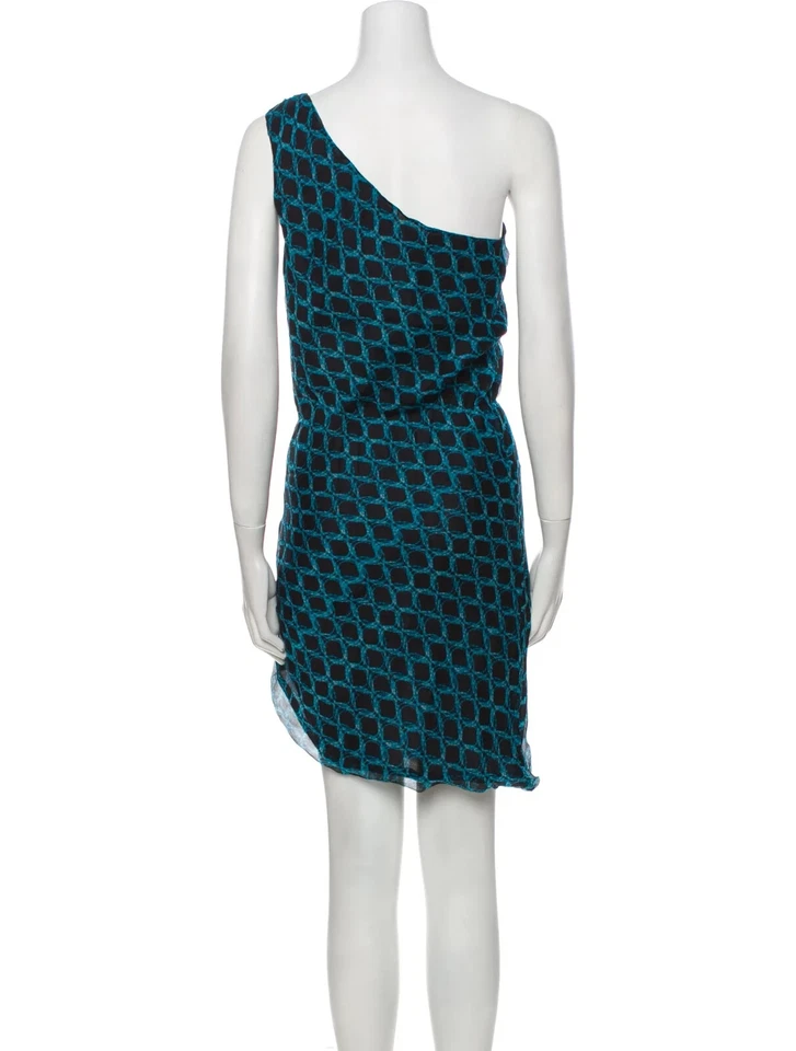 Vestido Halston Heritage de un hombro para mujer XS azul negro seda dobladillo asimétrico Foto 3 de 3