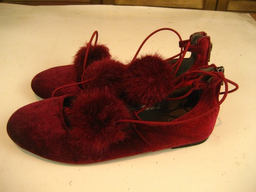 Womens SUGAR Suede Burgundy MaryJane Style Slippers w Powder Puff Shoelaces sz 4 - Picture 6 of 9