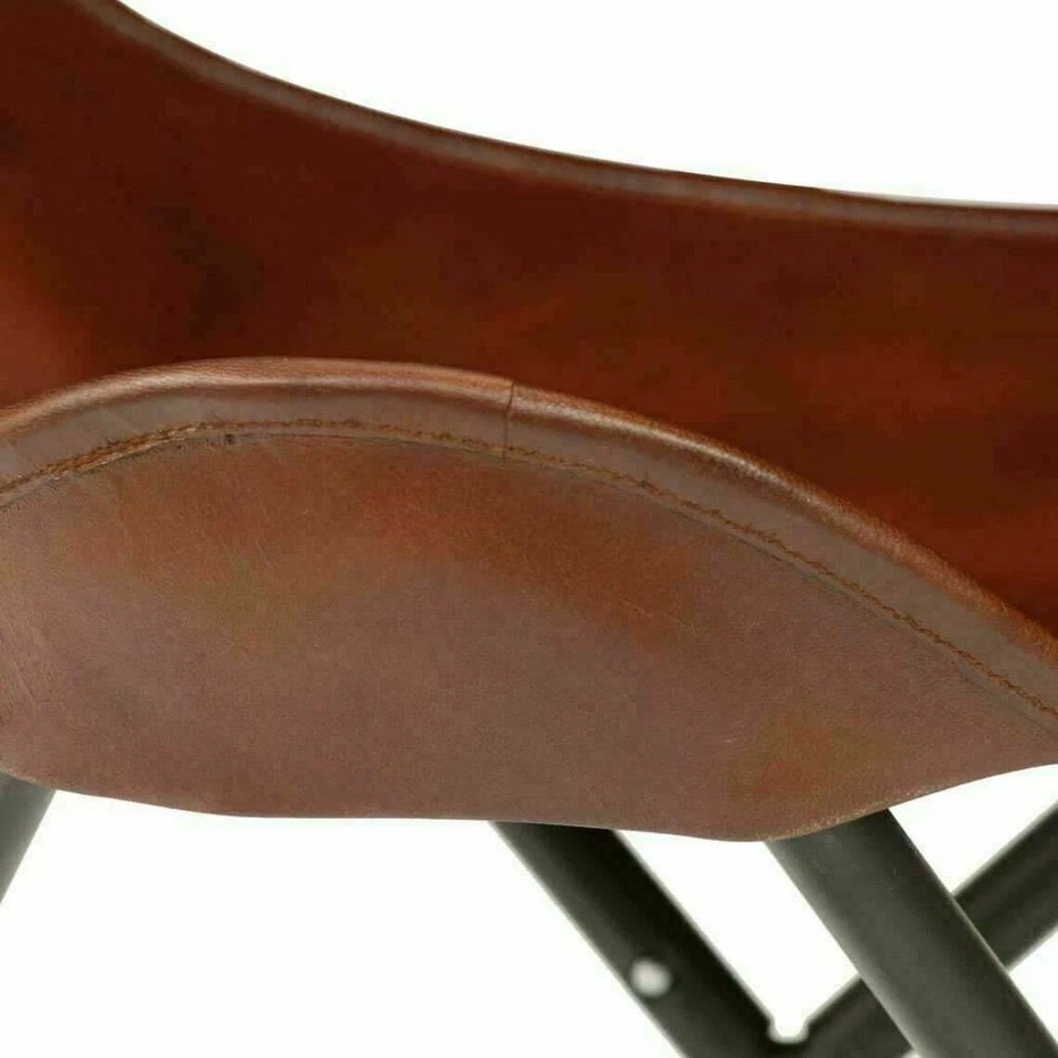 2 Pcs Set Vintage Brown Leather Butterfly Footstool Rest Butterfly Folding Stool - Image 3 of 4