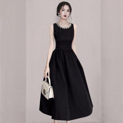 Summer Women Elegant Slim Black Dress Luxury Diamond Crewneck Sleeveless  Gown | eBay