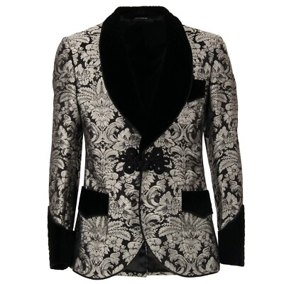 DOLCE GABBANA Barock Jacquard Samt Tuxedo Blazer Silber