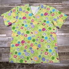 Women's scrub top green flowers short sleeve Nurse Medical