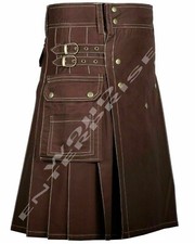 Scottish Handmade Utility Kilt for Men's - Brown Cotton Kilt For Men Custom Size