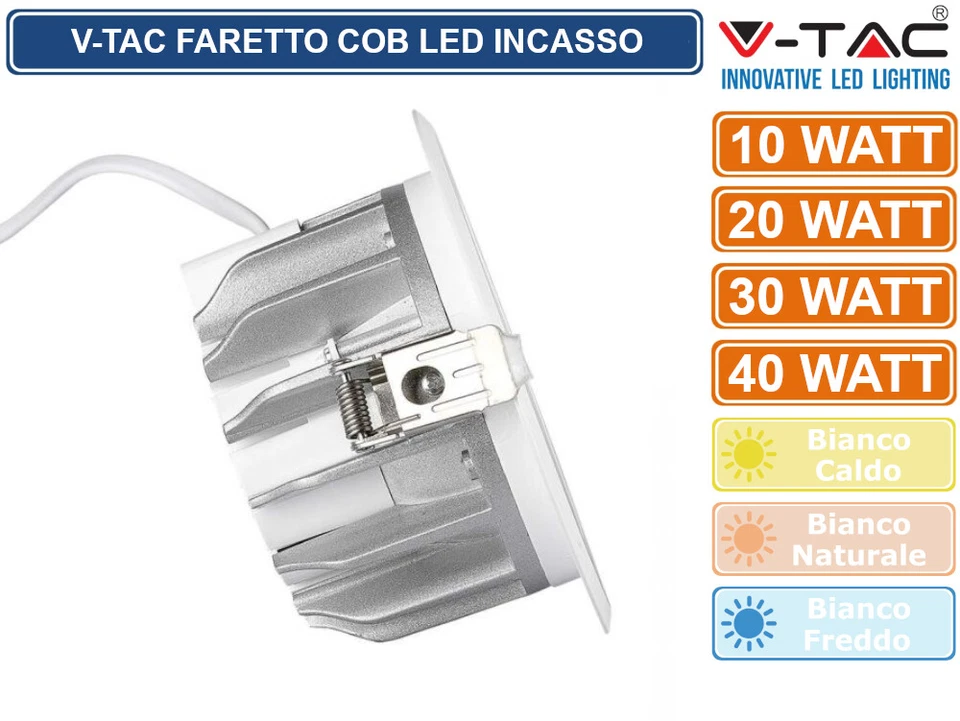 V-TAC FARO FARETTO COB LED DA INCASSO ROTONDO BIANCO 10W 20W 30W 40W LED DRIVER - Immagine 3 di 4