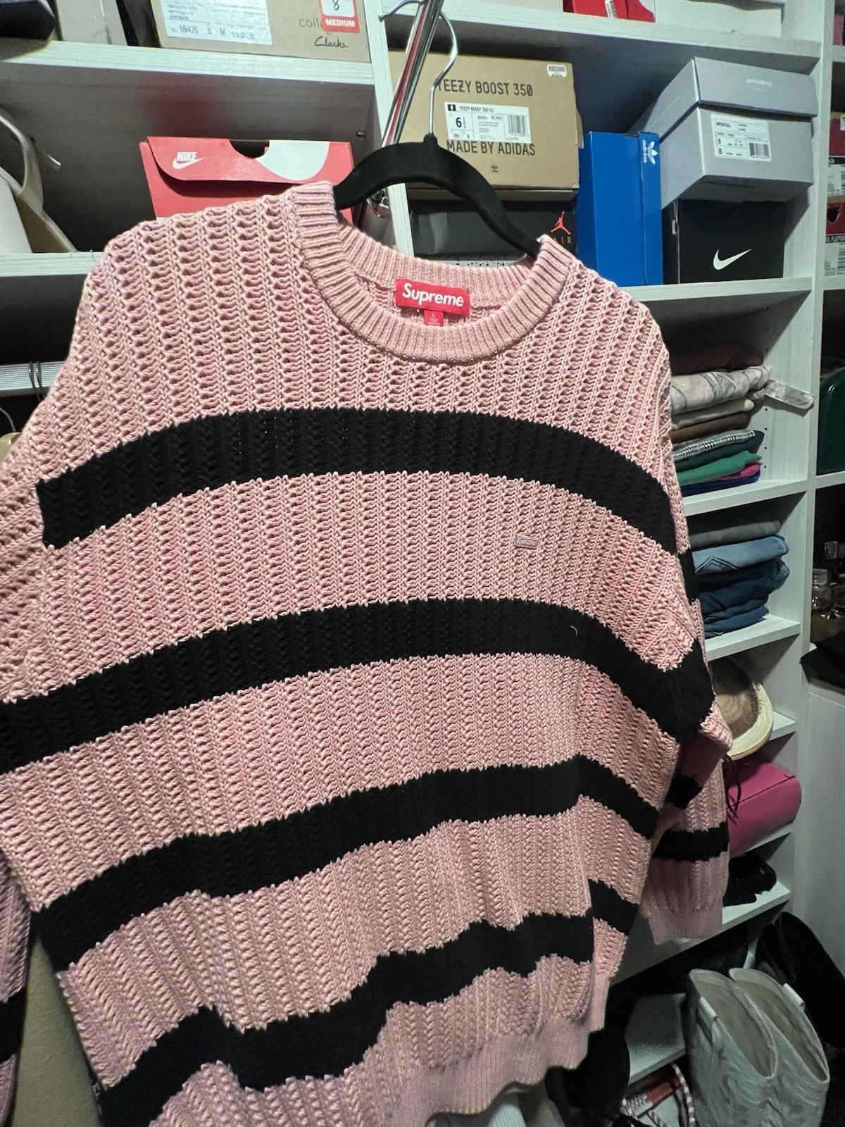 Pull Supreme SS25 à rayures amples petite boîte taille L rose