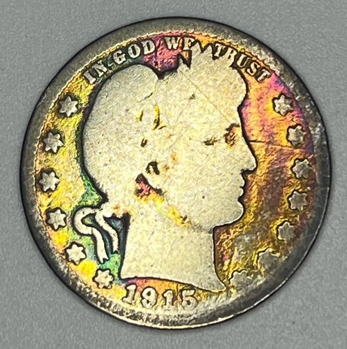1915-D Barber Quarter 25C Denver Mint 90% Silver USA Coin Liberty Head Toned