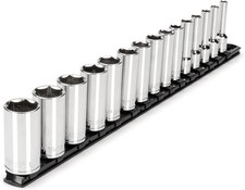 TEKTON 3/8 Inch Drive Deep 6-Point Socket Set with Rail, 15-Piece 1/4-1 in. 