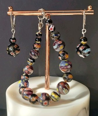 Armband+Ohrhänger Set Glas Perle Nach Murano Stil Bunt Gemalt