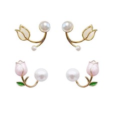 2 Pairs Tulip Earrings for Women Pink Pearl Flower Stud Earrings Tulip Front and