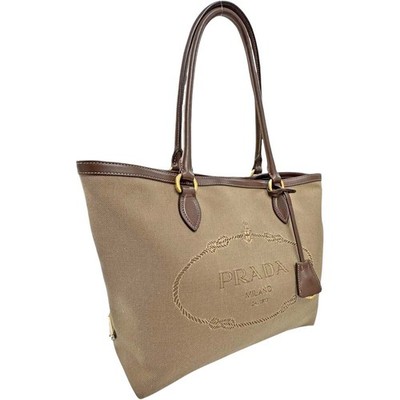 Prada Logo Jacquard Tote Bag Shoulder Bag Beige Brown Canvas