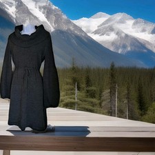 London Times Sweater Dress L Gray Cowl Neck Balloon Sleeve Knee Length Tie Waist