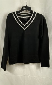 Halogen Women's Rich Black V-Neck Sweater White Embroidered Trim NWT XS