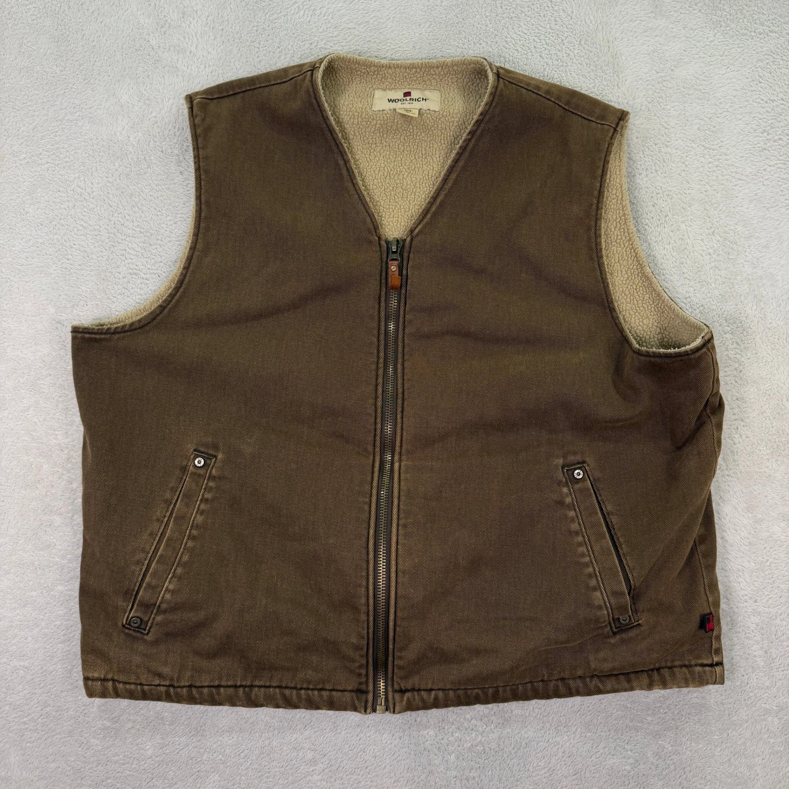 Woolrich Mens XL Vest Brown Sherpa Lined Full Zip Canvas Work Outdoor Gorpcore