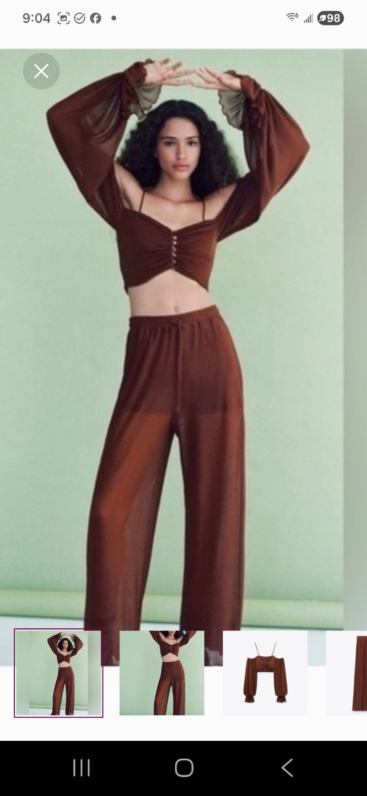 Womens Zara 2pc Brown ribbed Off-Shoulder Crop Top & Wide Leg Pants Lounge Set thumbnail 2