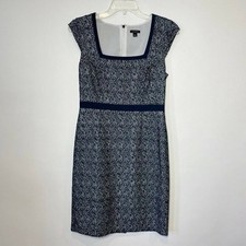 Ann Taylor Women Sheath Mini Embroidered Dress Navy Blue Sz 0 Square Neck Formal