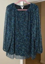 Terra & Sky Top Artsy Blue Floral Mesh Crinkle Bohemian Gypsy Women's 1X Plus